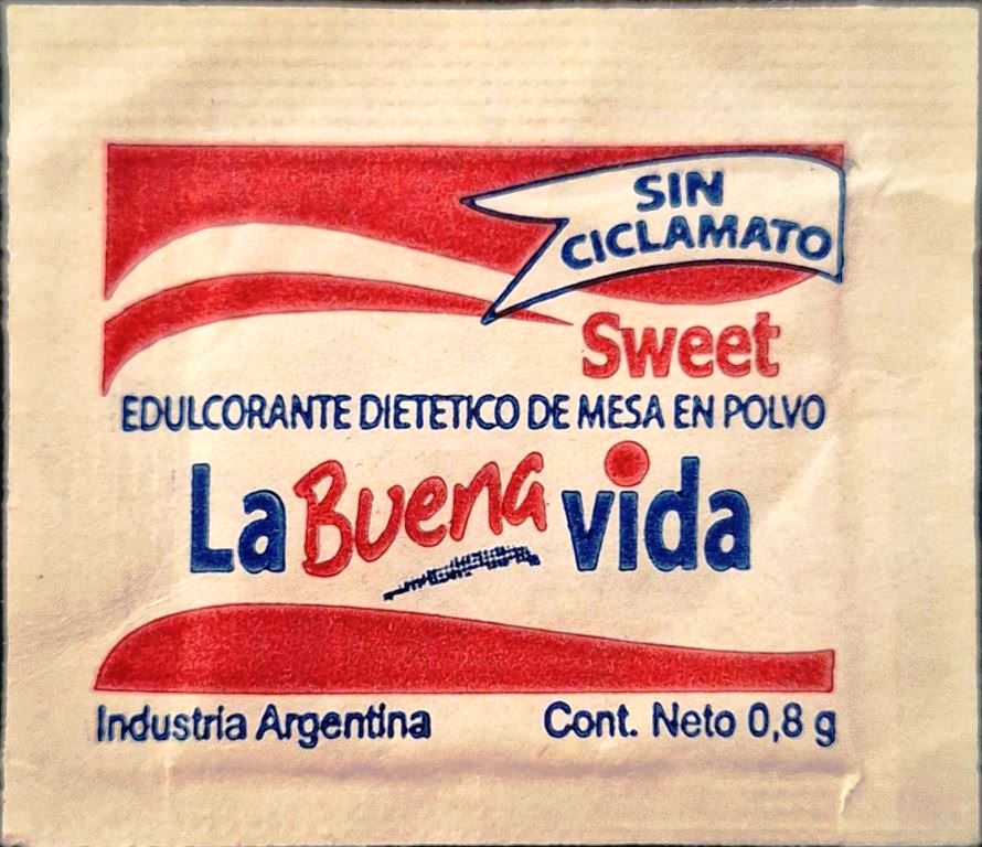 Sobres de edulcorantes de marcas de edulcorante de Argentina.