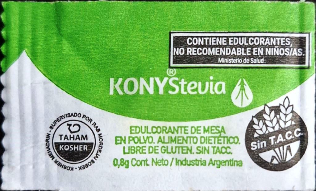 Sobres de edulcorantes de la marca de edulcorante argentina KONY.
