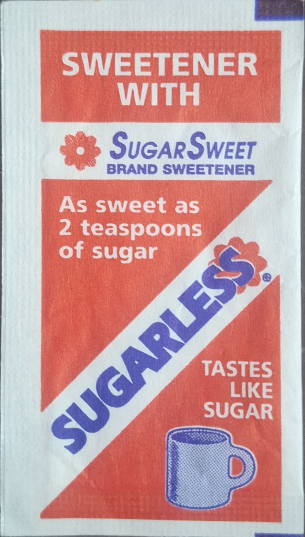 My personal collection of sweetener sachets from the SUGARLESS sweetener brand.