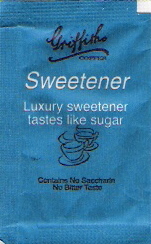My personal collection of sweetener sachets from the Griffiths Bros coffee brand.
